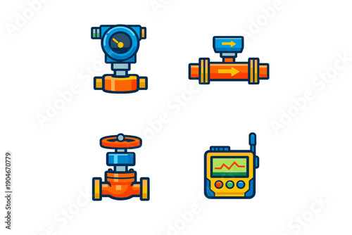 Several types of industrial valves and measuring devices shown in a simple design, arranged in a grid layout with different colors and shapes