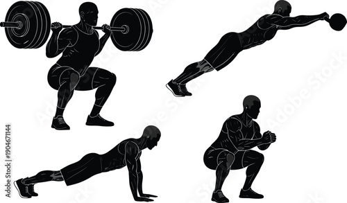 Fitness workout silhouette set, gym exercise man vector collection, bodybuilder training illustration, weightlifting sport design, strong athlete muscle icons, pushup squat art