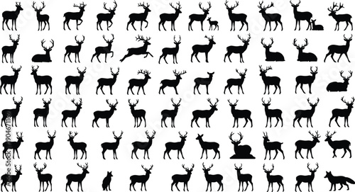 Deer, silhouette, vector, set, illustration, buck, stag, elk, moose, reindeer, wildlife, animal, nature, forest, hunting, antlers, isolated, collection, icon, black, design, graphic
