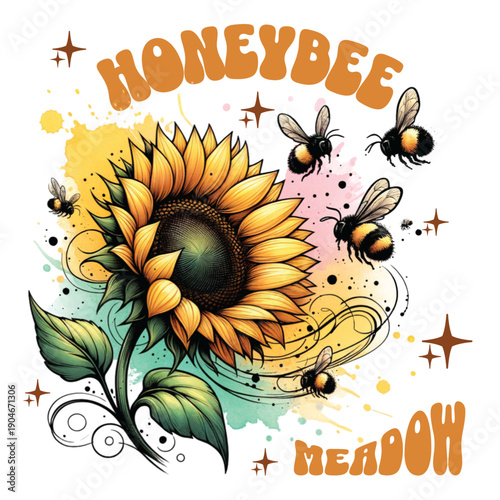 A colorful illustration of a sunflower surrounded by flying honeybees in meadow