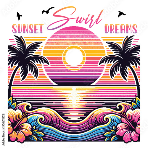 A vibrant illustration of a sunset over a tropical ocean landscape