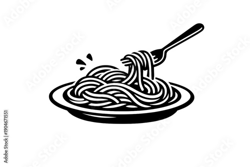 Hand drawn black line style spaghetti illustration with fork and plate, Italian pasta food icon isolated on white background