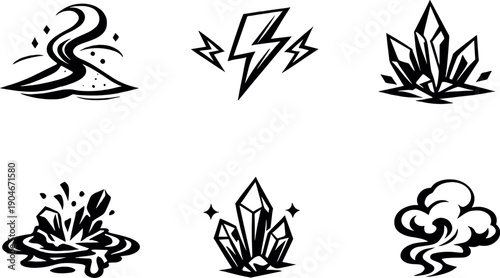 Black and white fantasy icon set with magic elements, lightning, crystals, smoke, and energy effects. Stylized symbols ideal for games, UI design, infographics, and creative projects.