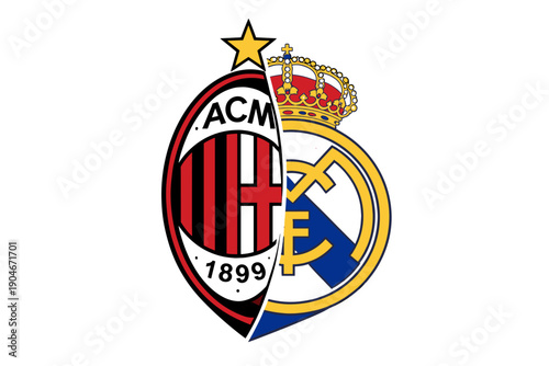 Split illustration of two famous European football club logos symbolizing rivalry and classic football match