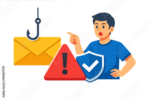 Person pointing at a warning sign about phishing emails with a shield symbol to show protection against online threats and security issues
