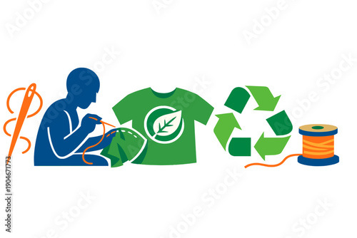 Crafting and recycling fabric to create a new t-shirt with sustainable practices in a workspace focused on eco-friendly design