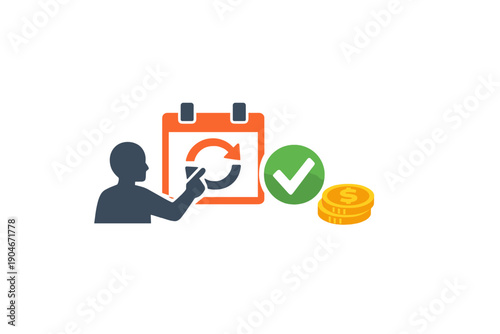 Person points at calendar with arrows, check mark, and coins showing financial planning and recurring payments in a digital format