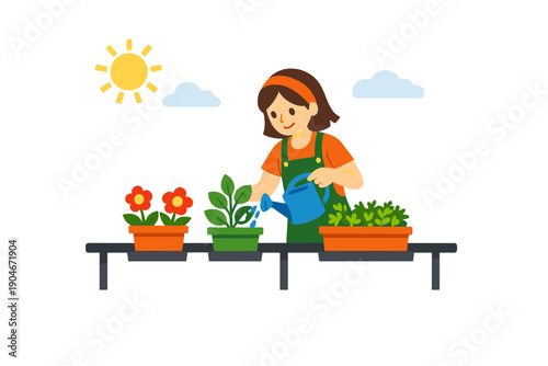 Young girl waters potted plants in a sunny garden during the afternoon as she enjoys the activity of caring for her flowers and herbs