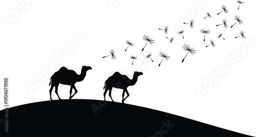 Black silhouette of two camels walking on sand dune with flying dandelion seeds, vector illustration, desert nature design element isolated on white background.