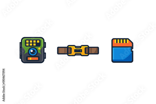 Backpack, belt, and memory card icons in flat design style suitable for technological applications and digital use in various contexts