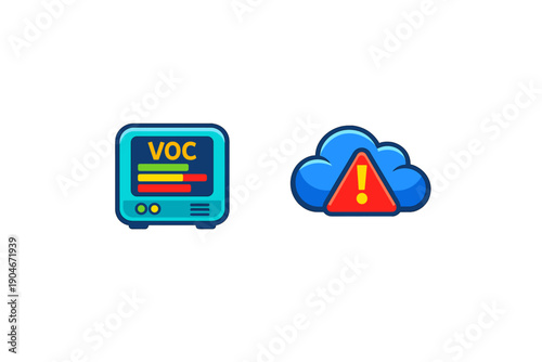 Warning symbols for VOC monitoring system indicate high levels in air quality on a digital display with a cloud icon