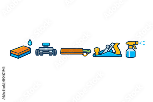 Different tools used for home cleaning and maintenance, showing a sponge, faucet, cutting board, planer, and spray bottle