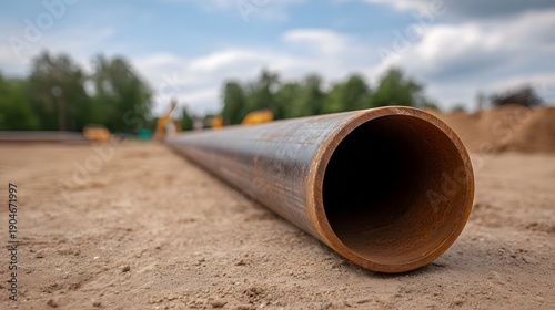 Wallpaper Mural A long rusty metal pipe rests on the ground at an outdoor construction site Torontodigital.ca