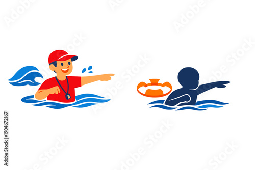 Lifeguard in water giving directions to a swimmer during a daytime water safety training session