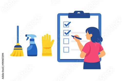 Cleaning tools are organized with a checklist for tasks in a home setting during the day