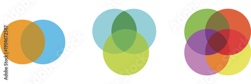 Venn-diagram icons set on white background, vector graphical round diagram, modern infographic diagram set, EPS 10 for top ranked analytics visuals, corporate reports, infographic templates, research 