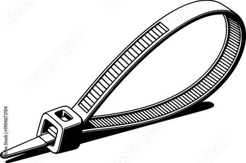 Cable tie forming a loop, ready for securing and bundling objects
