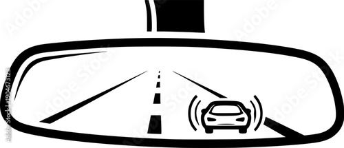Simple black and white vector icon of a car rearview mirror, emphasizing safe driving practices and road visibility
