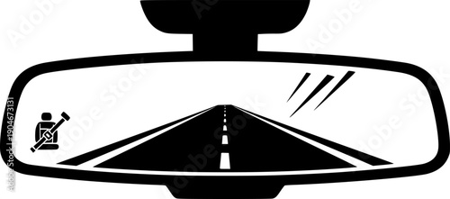 Simple black and white vector icon of a car rearview mirror, emphasizing safe driving practices and road visibility
