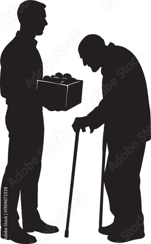 Adult Man Carry a box of fruits and stand with poor old man in black and white silhouette vector art design with transparent background