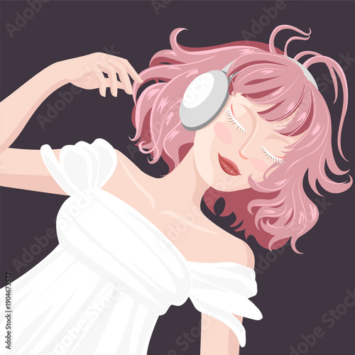 listening music beautiful woman pink hair wearing headphones Sleeping vector