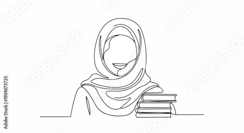 Continuous one line drawing of a smiling Muslim woman in hijab with a stack of books, symbolizing education, knowledge, and empowerment.