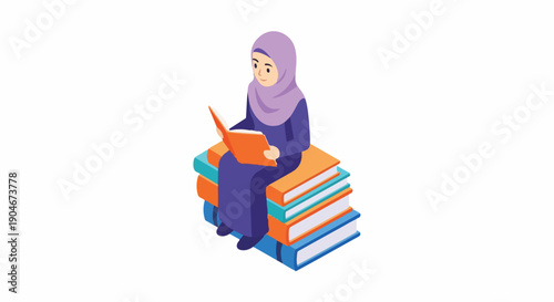 Isometric illustration of a young Muslim woman in hijab sitting on a stack of books, engrossed in reading, symbolizing education, knowledge, and learning.