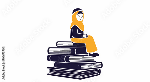 Empowered Muslim woman in hijab sitting on a stack of books, symbolizing education, knowledge, and literacy for women.