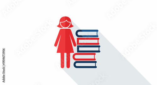 Red silhouette of a woman standing next to a stack of books, representing education, knowledge, and learning