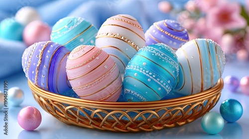 Colorful Easter eggs in woven basket