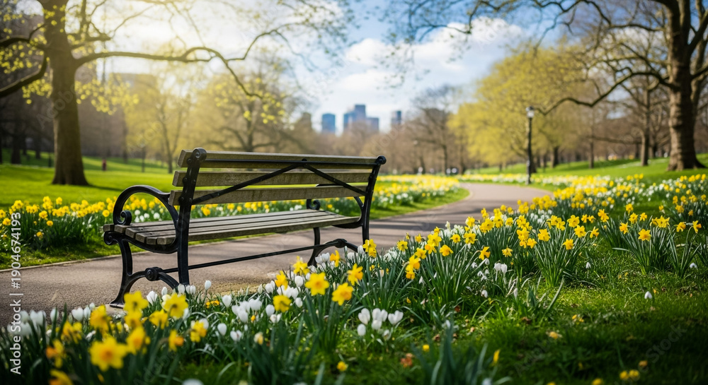 Naklejka premium Serene Park Scene with Bench, Daffodils, and City Skyline on a Sunny Day