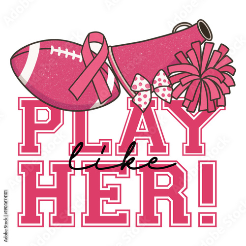 A pink megaphone and football with a ribbon support breast cancer awareness