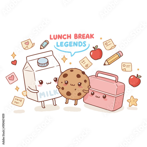 A cartoon illustration of a milk carton, cookie, and lunchbox at lunchtime