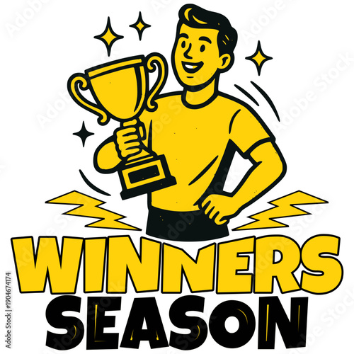 A cartoon man holding a trophy and celebrating a winning season