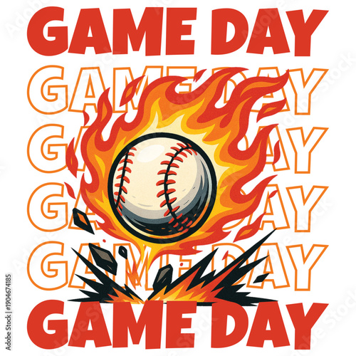 A vibrant graphic illustration of a baseball surrounded by flames and game day text