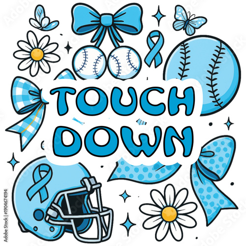 A colorful illustration featuring a touchdown theme with sports equipment and awareness ribbons