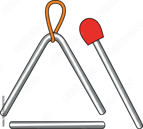 Vector illustration of a classic metal triangle musical instrument with a striker and orange hanging loop isolated on white background.