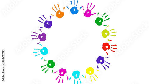 A vibrant and dynamic circle of multi-colored handprints, symbolizing diverse communities, unity, and collaborative spirit, perfect for themes of inclusion and shared creativity
