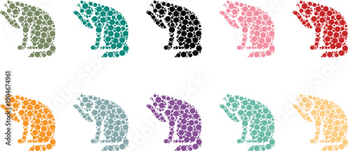 Colorful dot art cat silhouettes sitting poses, Kitten feline silhouettes made of dots