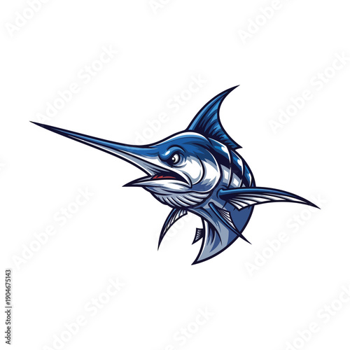 Illustration of a blue marlin fish with a dynamic swimming motion on a white background