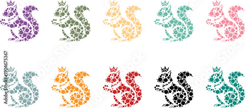 Colorful dot art squirrel silhouettes wearing crowns, Playful squirrel circle art animal collection