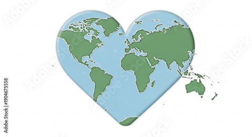 Heart shaped earth globe with green continents and blue oceans on white background symbolizing love for the planet and global unity