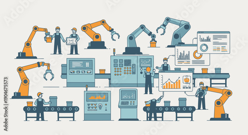 Busy Automated Factory with Workers, Robotic Arms, and Conveyor Belts in Bright Studio