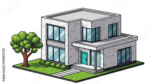 Modern Architectural House Design with Tree and Lawn.