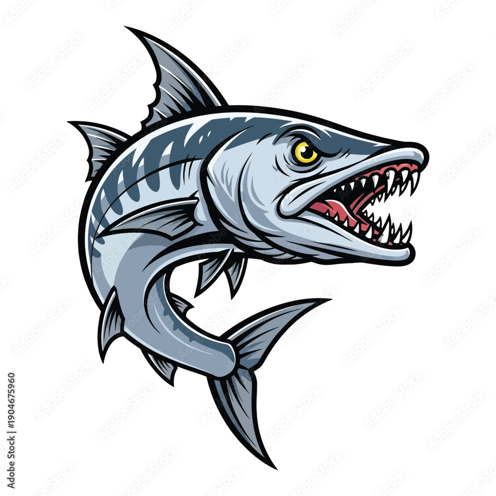 Fototapeta premium Illustration of a menacing shark with sharp teeth on a white background