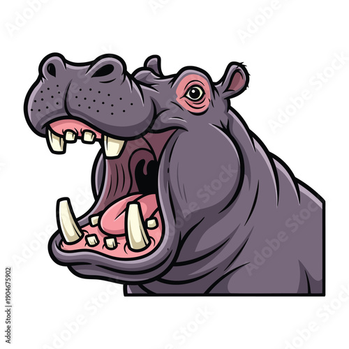 Cartoon illustration of a hippopotamus with open mouth on white background