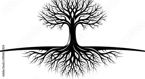 Stylized Tree with Strong Exposed Roots Forming a Circular Base, Symbolizing Growth, Stability, and Connection on an Isolated White Background.