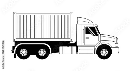 Outline Illustration of a Semi-Trailer Truck with a Shipping Container, Representing Logistics and Transportation on an Isolated White Background.