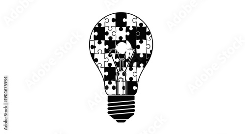 Innovative Lightbulb Icon Composed of Jigsaw Puzzle Pieces Symbolizing Integrated Ideas and Creative Solutions on an Isolated White Background.