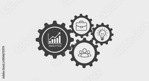 Interconnected Gears with Business Icons for Analytics, Teamwork and Ideas, Corporate Strategy, in bright studio